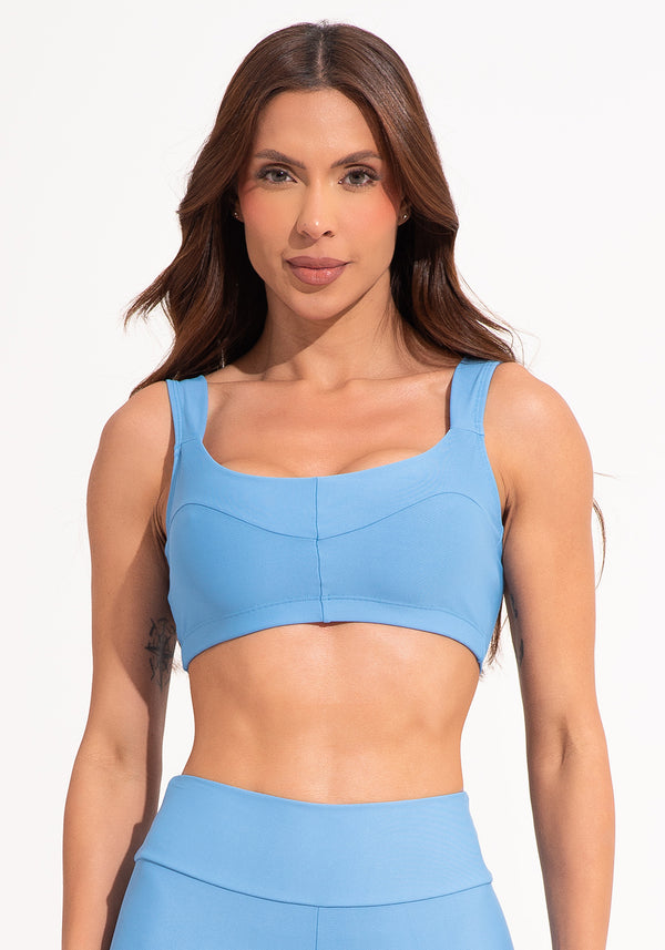 Top Fitness Feminino Azul Com Alça Larga E Recortes Aura Dlk