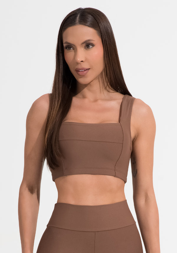 Top Fitness Feminino Marrom Decote Reto Com Recortes Aura Dlk