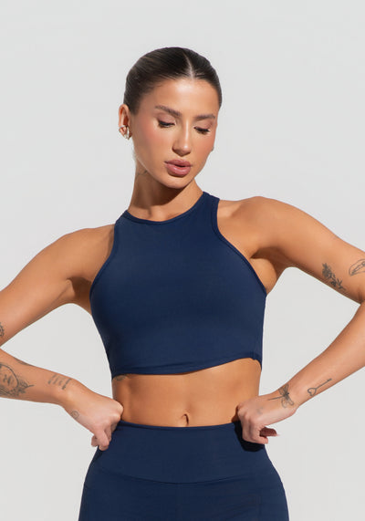 Cropped Fitness Feminino Com Cava Americana Soul Dlk Azul Marinho