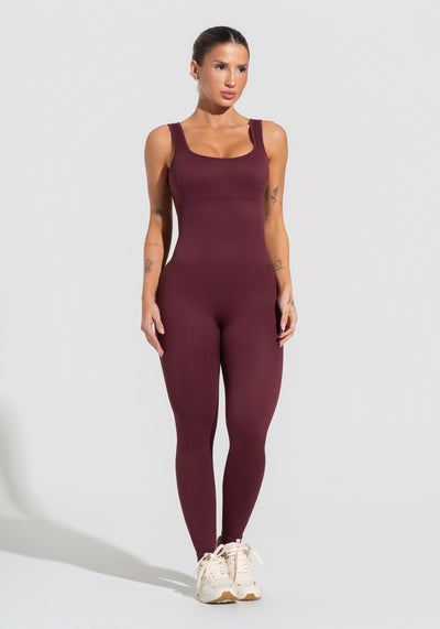 Macacão Fitness Feminino Vinho Canelado Com Bojo Seamless+ Dlk