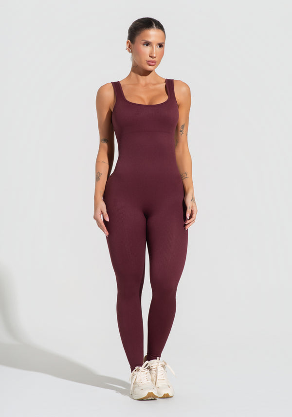 Macacão Fitness Feminino Vinho Canelado Com Bojo Seamless+ Dlk