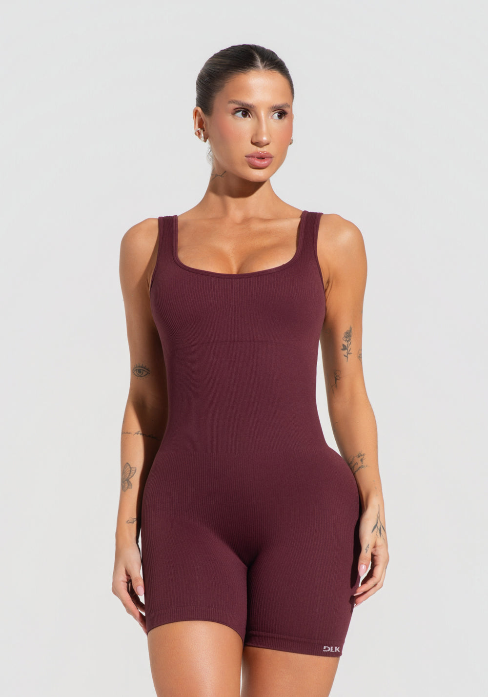 Macaquinho Fitness Feminino Vinho Canelado Com Bojo Seamless+ Dlk