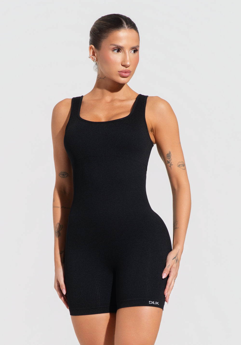 Macaquinho Fitness Feminino Preto Canelado Com Bojo Seamless+ Dlk