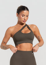 Top Fitness Feminino Verde Oliva Canelado Com Bojo E Detalhe Vazado Seamless+ Dlk