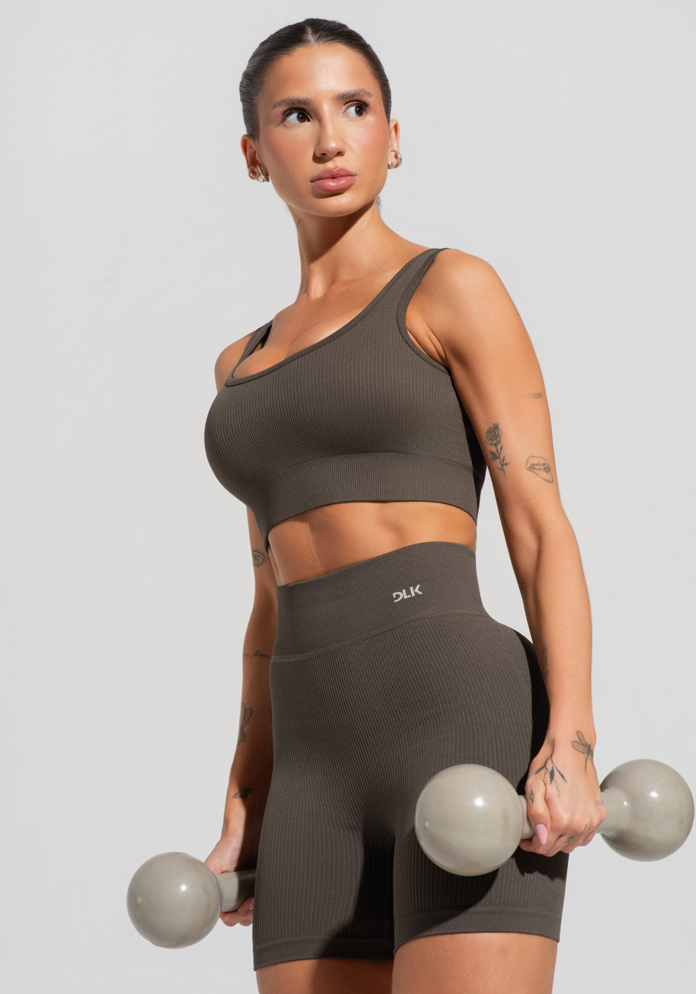 Top Fitness Feminino Verde Oliva Canelado Com Bojo Seamless+ Dlk