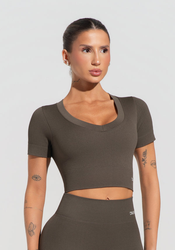 Cropped Feminino Verde Oliva Canelado Seamless+ Dlk