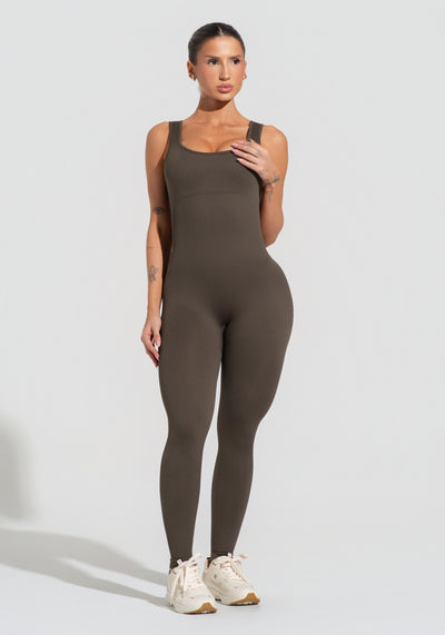 Macacão Fitness Feminino Verde Oliva Canelado Com Bojo Seamless+ Dlk