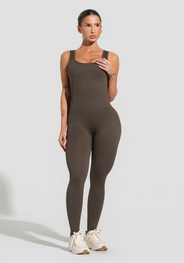 Macacão Fitness Feminino Verde Oliva Canelado Com Bojo Seamless+ Dlk