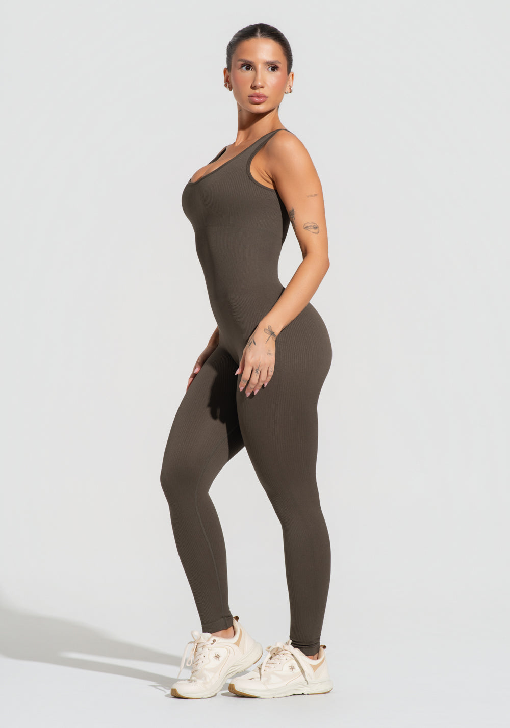 Macacão Fitness Feminino Verde Oliva Canelado Com Bojo Seamless+ Dlk