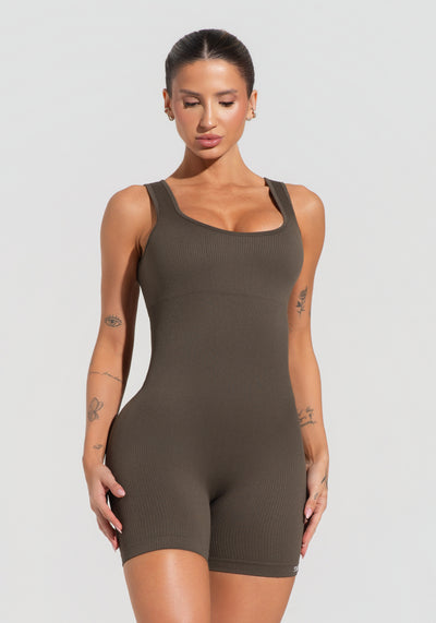 Macaquinho Fitness Feminino Verde Oliva Canelado com Bojo Seamless+ Dlk