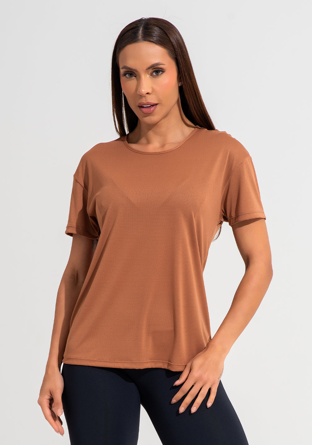 Blusa T-shirt Fitness Feminina De Poliamida Básica Dlk Marrom