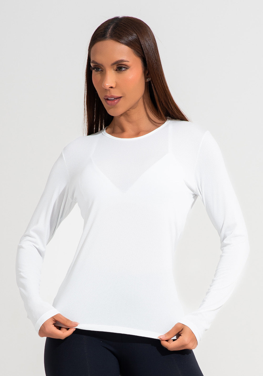 Blusa Feminina Manga Longa De Poliamida Básica Dlk Branco