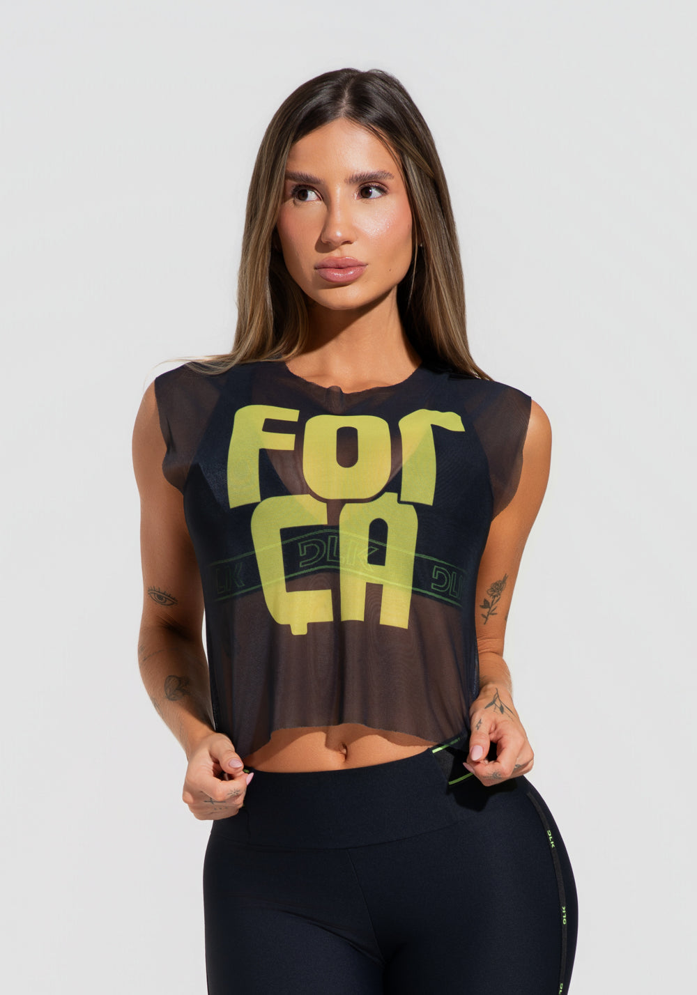 Cropped Feminino De Tule Preto Estampado Força Activity Dlk