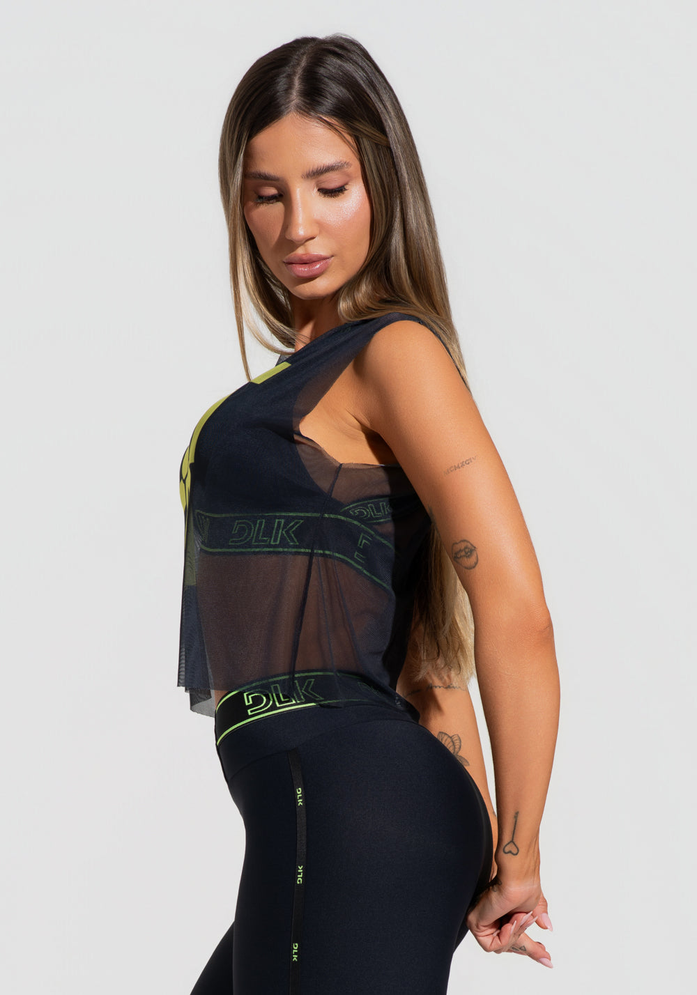 Cropped Feminino De Tule Preto Estampado Força Activity Dlk