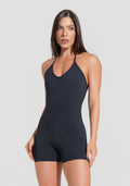 Macaquinho Fitness Feminino Com Amarração No Pescoço Preto Básico Dlk