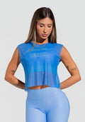 Cropped Feminino De Tule Azul Estampado Recomeço Activity Dlk