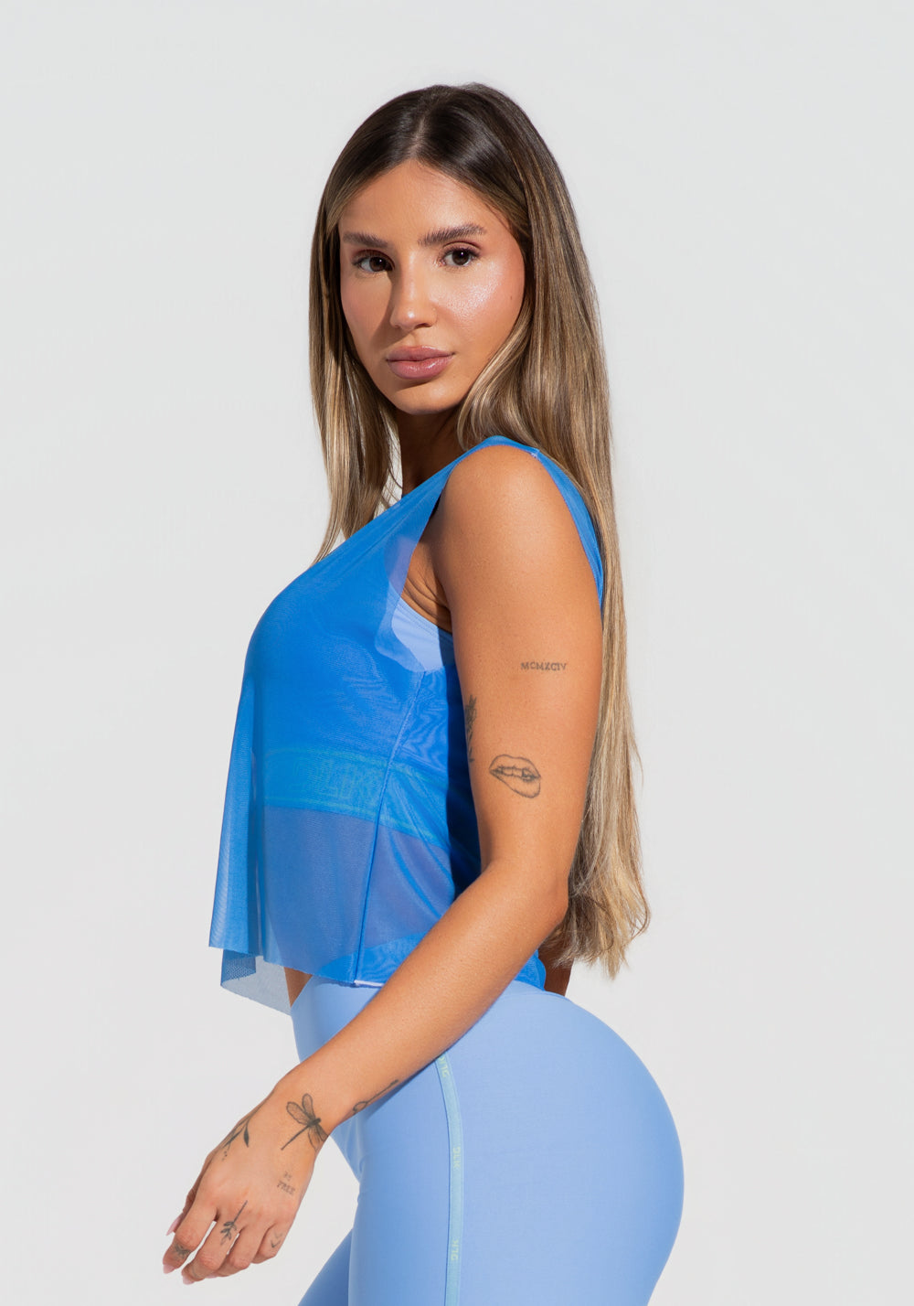 Cropped Feminino De Tule Azul Estampado Recomeço Activity Dlk