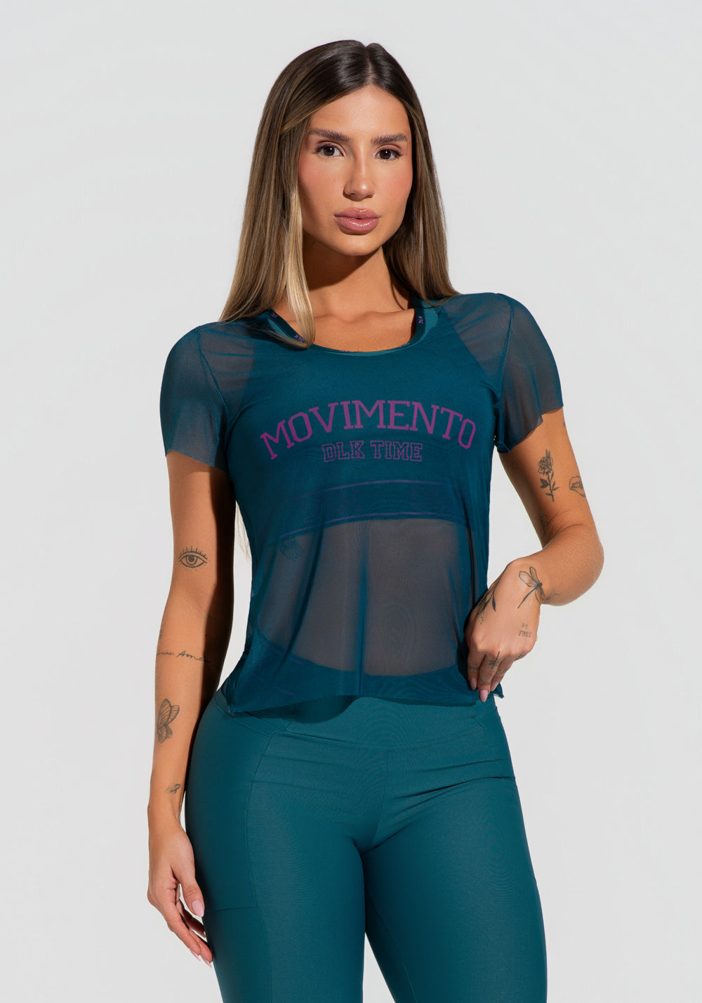 Blusa Baby Look Feminina De Tule Verde Estampada Movimento Activity Dlk