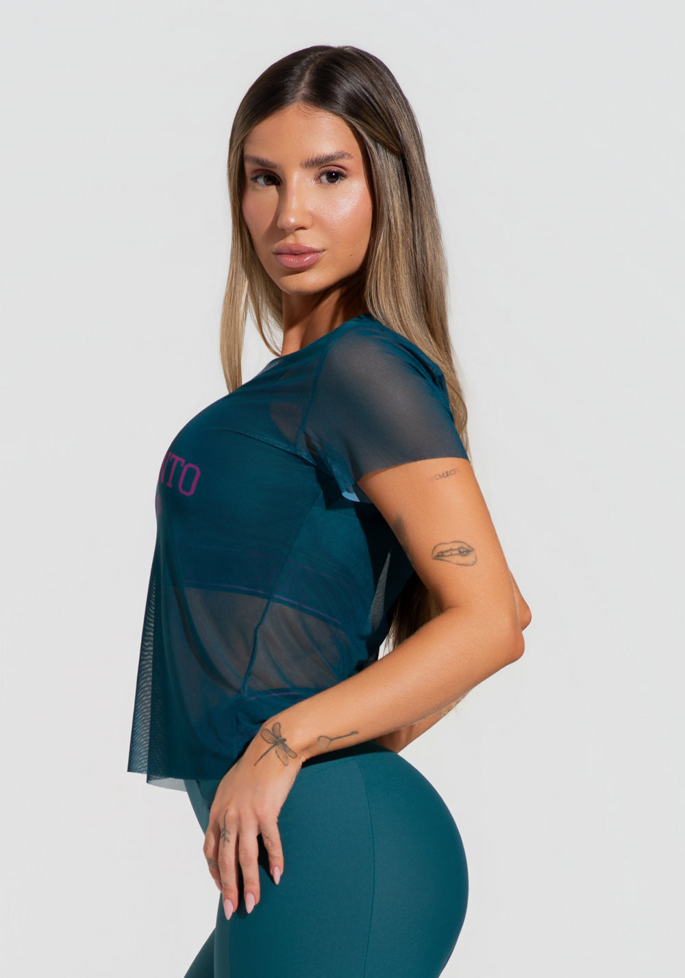 Blusa Baby Look Feminina De Tule Verde Estampada Movimento Activity Dlk