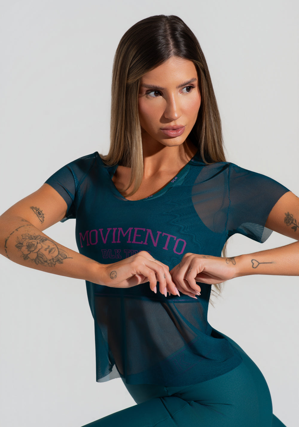 Blusa Baby Look Feminina De Tule Verde Estampada Movimento Activity Dlk