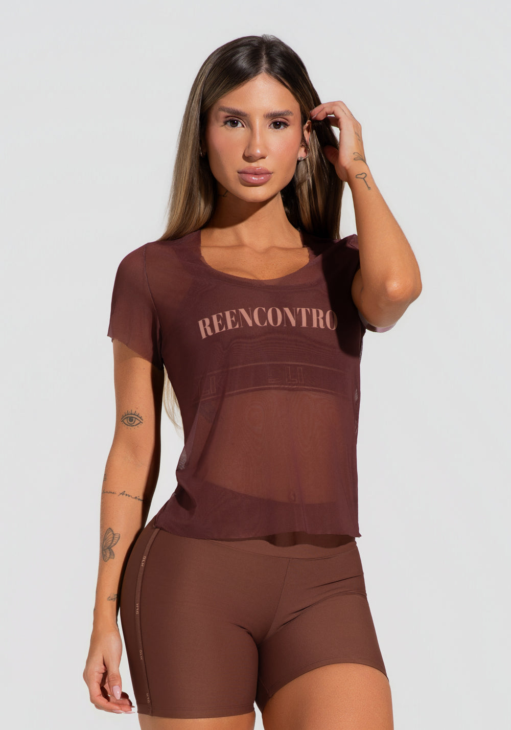 Blusa Baby Look Feminina De Tule Marrom Estampada Reencontro Activity Dlk