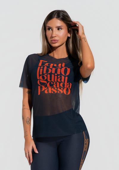 Blusa Fitness Feminina De Tule Grafite Estampada Equilíbrio Activity Dlk