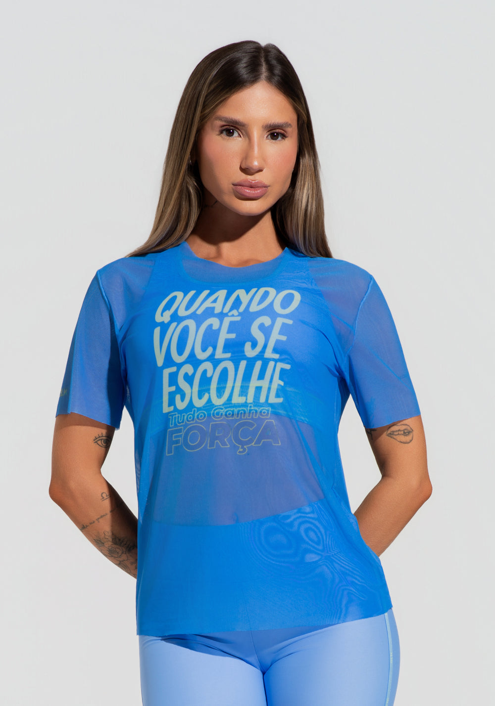 Blusa Fitness Feminina De Tule Azul Estampada Escolha Activity Dlk