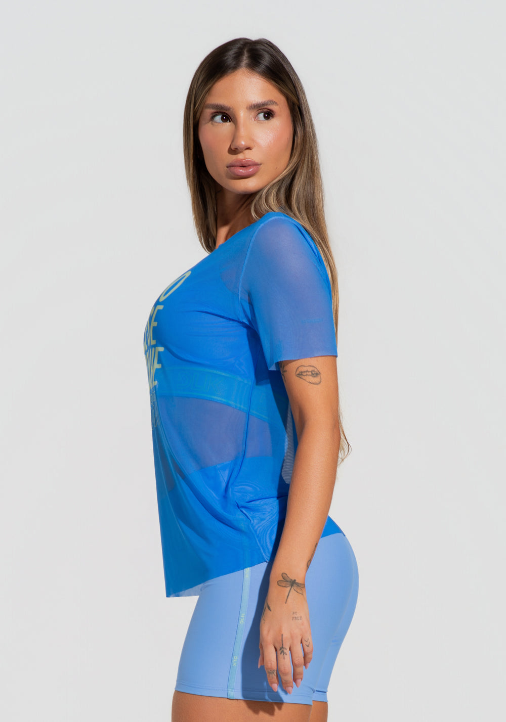 Blusa Fitness Feminina De Tule Azul Estampada Escolha Activity Dlk