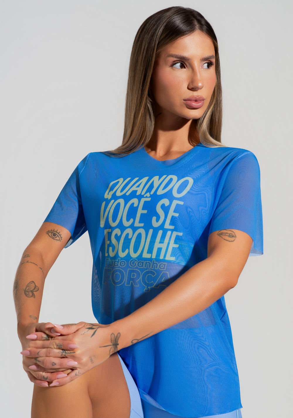 Blusa Fitness Feminina De Tule Azul Estampada Escolha Activity Dlk