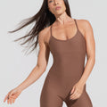 Macaquinho Fitness Feminino Marrom Com Alças Cruzadas Aura Dlk