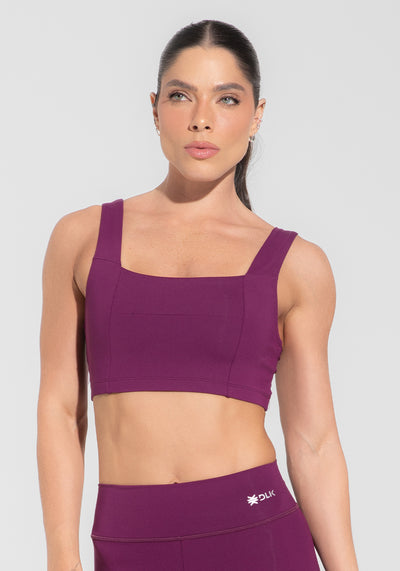 Top Fitness Feminino Decote Reto Com Recortes Roxo Básico Dlk