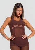Camiseta Fitness Feminina De Tule Alongada Marrom Estampada Recarregar Activity Dlk