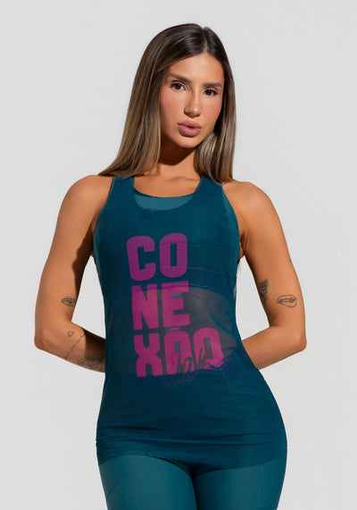 Camiseta Fitness Feminina De Tule Alongada Verde Estampada Conexão Activity Dlk