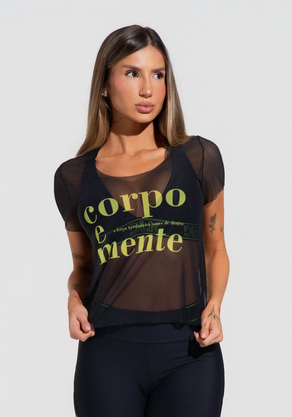Blusa Baby Look Feminina De Tule Preto Estampada Corpo E Mente Activity Dlk
