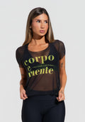 Blusa Baby Look Feminina De Tule Preto Estampada Corpo E Mente Activity Dlk