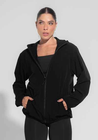 Casaco Corta Vento Feminino Com Capuz Preto Básico Dlk
