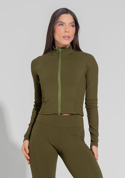 Casaco Fitness Feminino Com Detalhe Canelado Motion Lines Dlk Verde Oliva