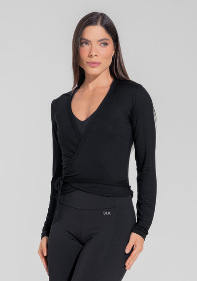 Casaco Feminino Transpassado Com Amarração Motion Lines Dlk Preto