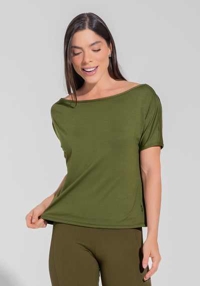 Blusa Feminina Decote Canoa Motion Lines Dlk Verde Oliva