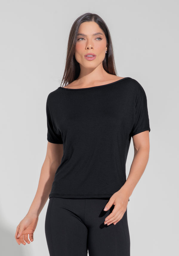 Blusa Feminina Decote Canoa Motion Lines Dlk Preto
