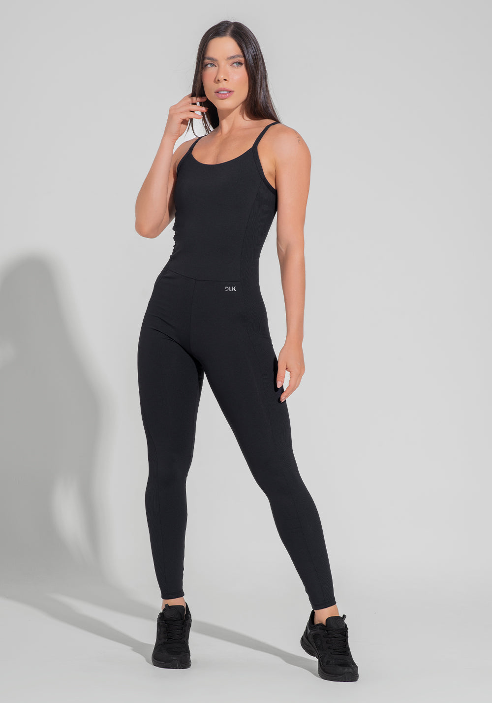 Macacão Fitness Feminino Com Lateral Canelada Motion Lines Dlk Preto