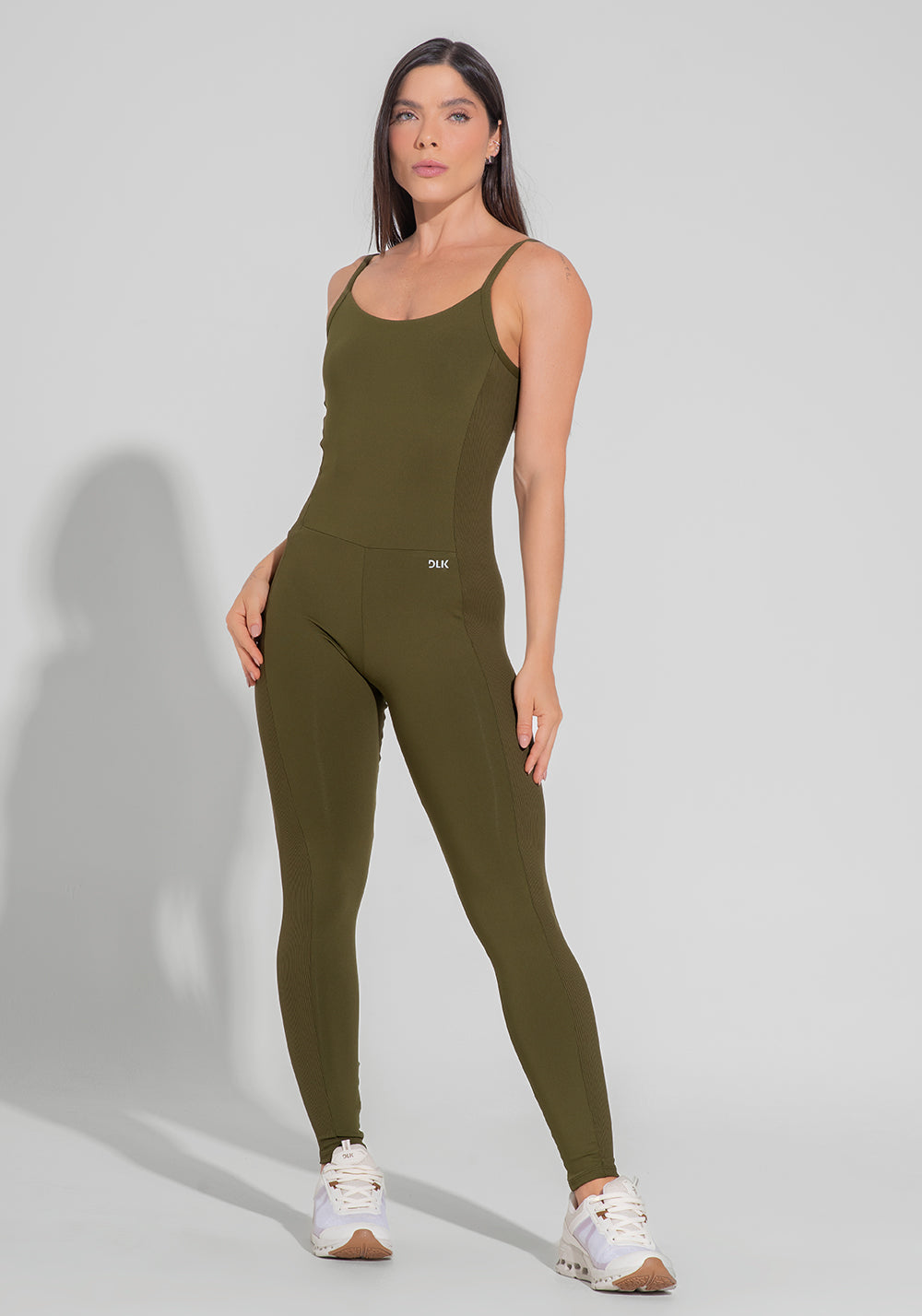 Macacão Fitness Feminino com Lateral Canelada Motion Lines Dlk Verde Oliva