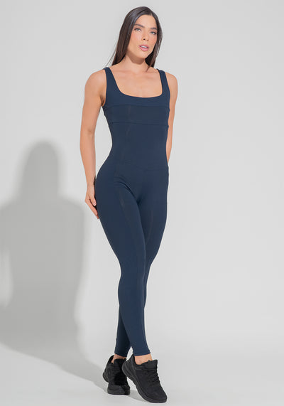 Macacão Fitness Feminino Com Detalhe Canelado Motion Lines Dlk Azul Marinho