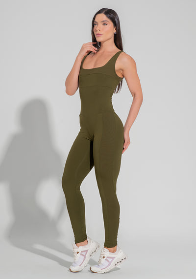 Macacão Fitness Feminino Com Detalhe Canelado Motion Lines Dlk Verde Oliva