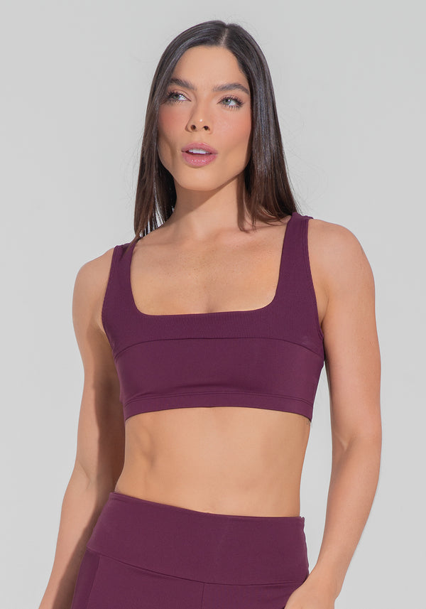 Top Fitness Feminino Decote Quadrado Com Detalhe Canelado Motion Lines Dlk Vinho