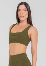 Top Fitness Feminino Decote Quadrado Com Detalhe Canelado Motion Lines Dlk Verde Oliva