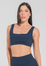 Top Fitness Feminino Decote Quadrado Com Detalhe Canelado Motion Lines Dlk Azul Marinho