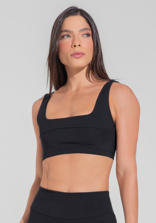 Top Fitness Feminino Decote Quadrado Com Detalhe Canelado Motion Lines Dlk Preto