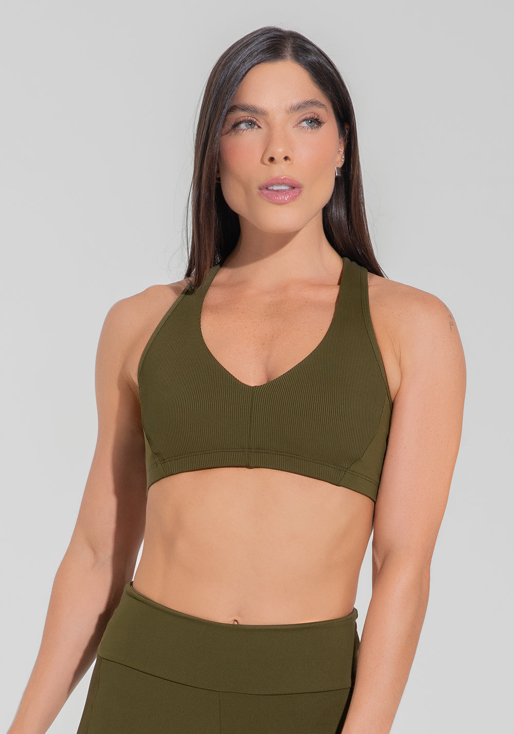Top Fitness Feminino Nadador Com Detalhe Canelado Motion Lines Dlk Verde Oliva