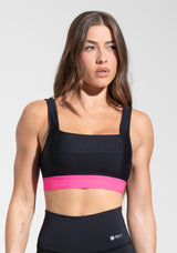 Top Fitness Feminino Preto com Decote Reto e Elástico Rosa Dlk